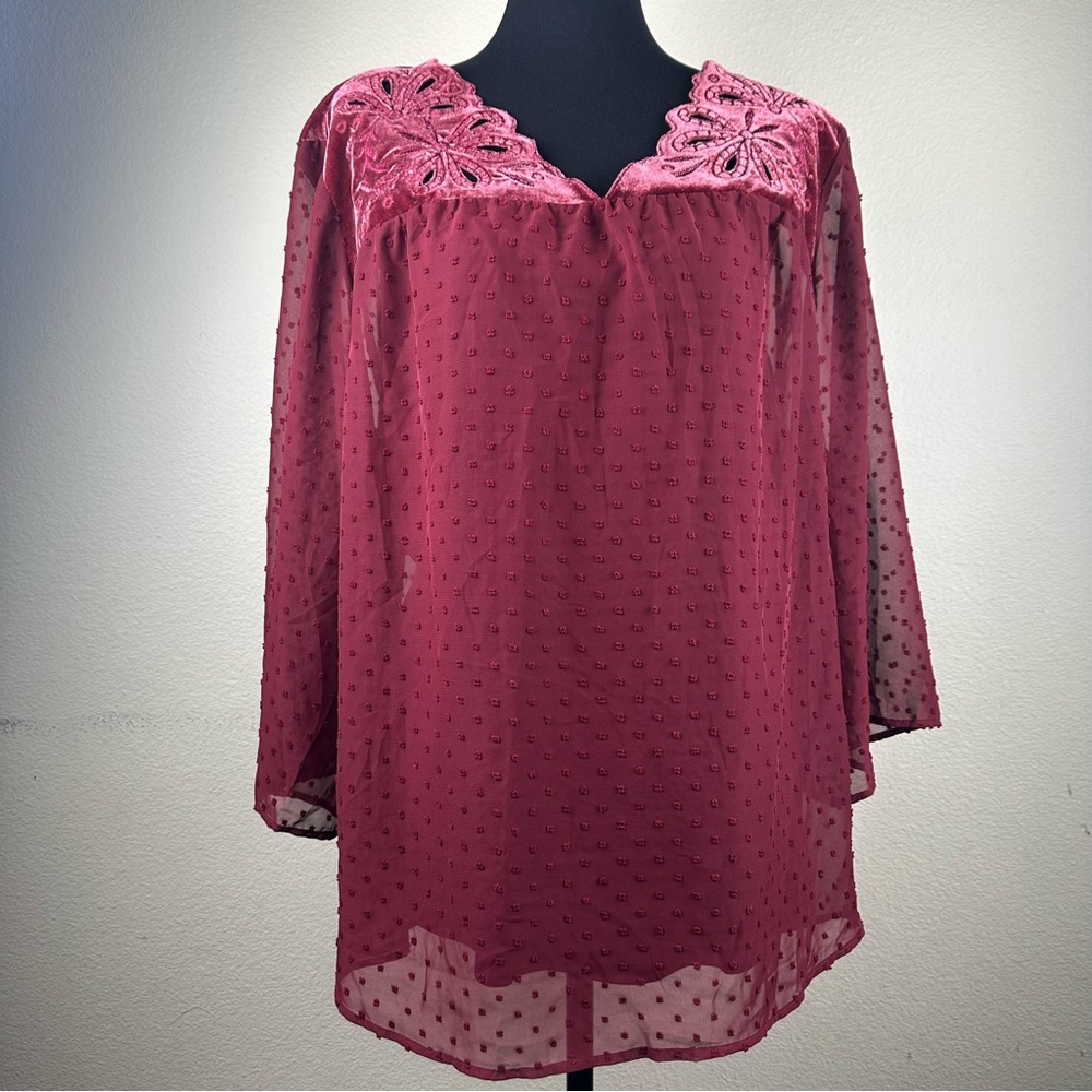 Style & Co Swiss Dot & Velvet Top Plus Size 2X Burgundy 3/4 Sleeve Attached Cami